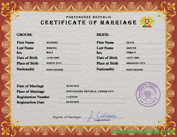 Portugal marriage certificate PSD template